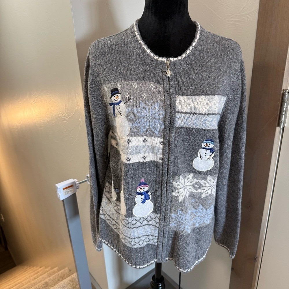Croft & Barrow Full Zip Sweater Grey Snowman Snowflake Knit Ugly Sweater Granny